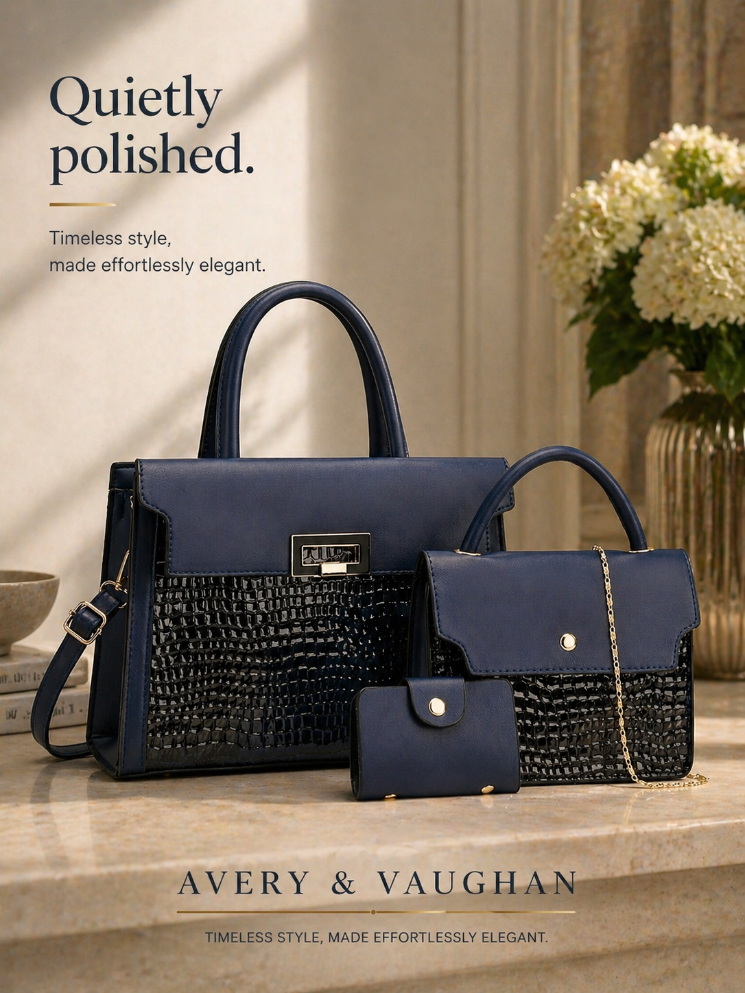 Kinsley - Navy Structured Handbag Set