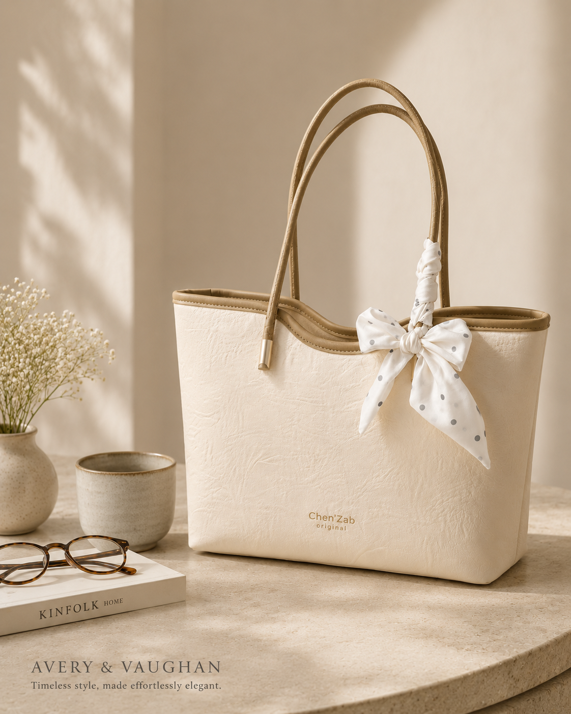The Cambridge Embossed Tote – Cream Textured Everyday Handbag