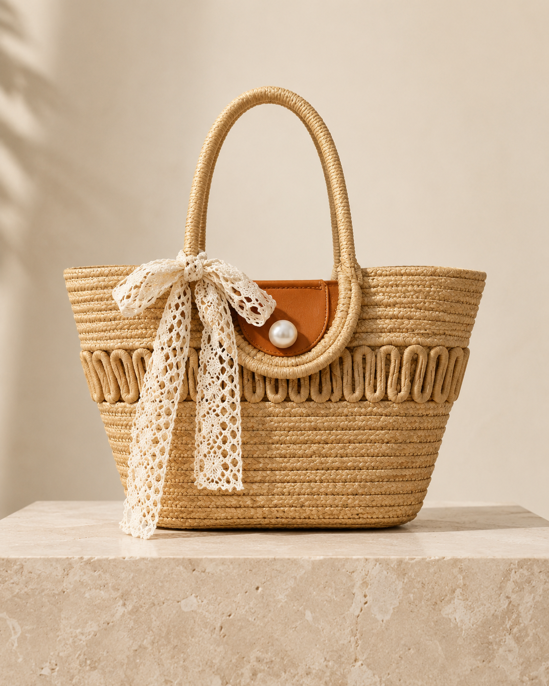 The Capri Lace Market Tote – Woven Straw Shoulder Bag