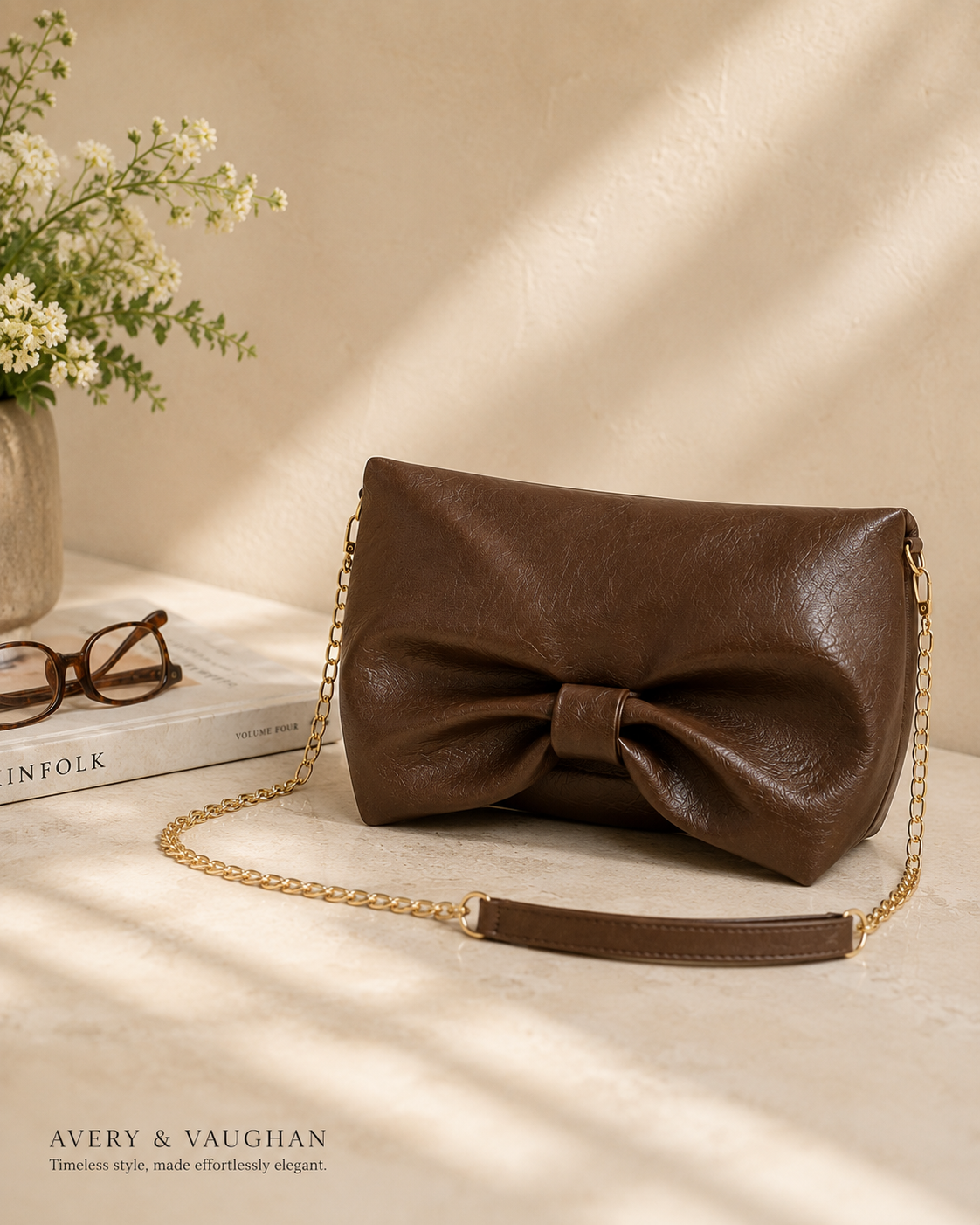 The Sienna Bow Clutch | Soft Brown Evening & Crossbody Bag