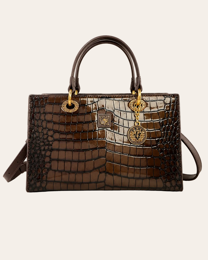 The Kensington Croc Tote – Structured Brown Top Handle Handbag