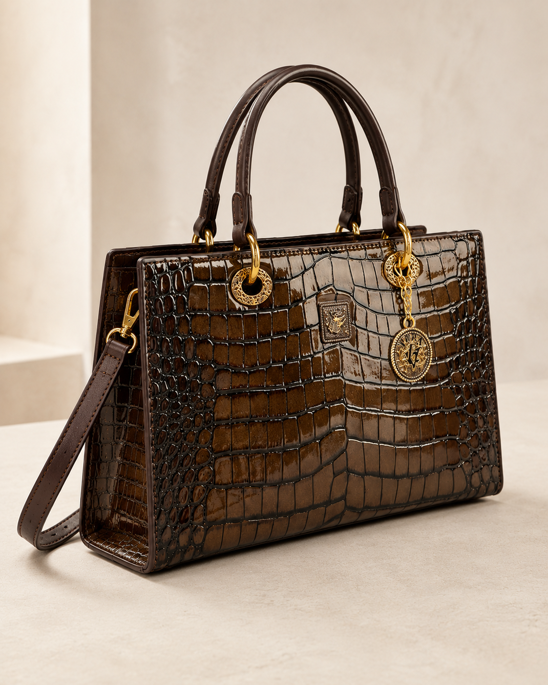 The Kensington Croc Tote – Structured Brown Top Handle Handbag