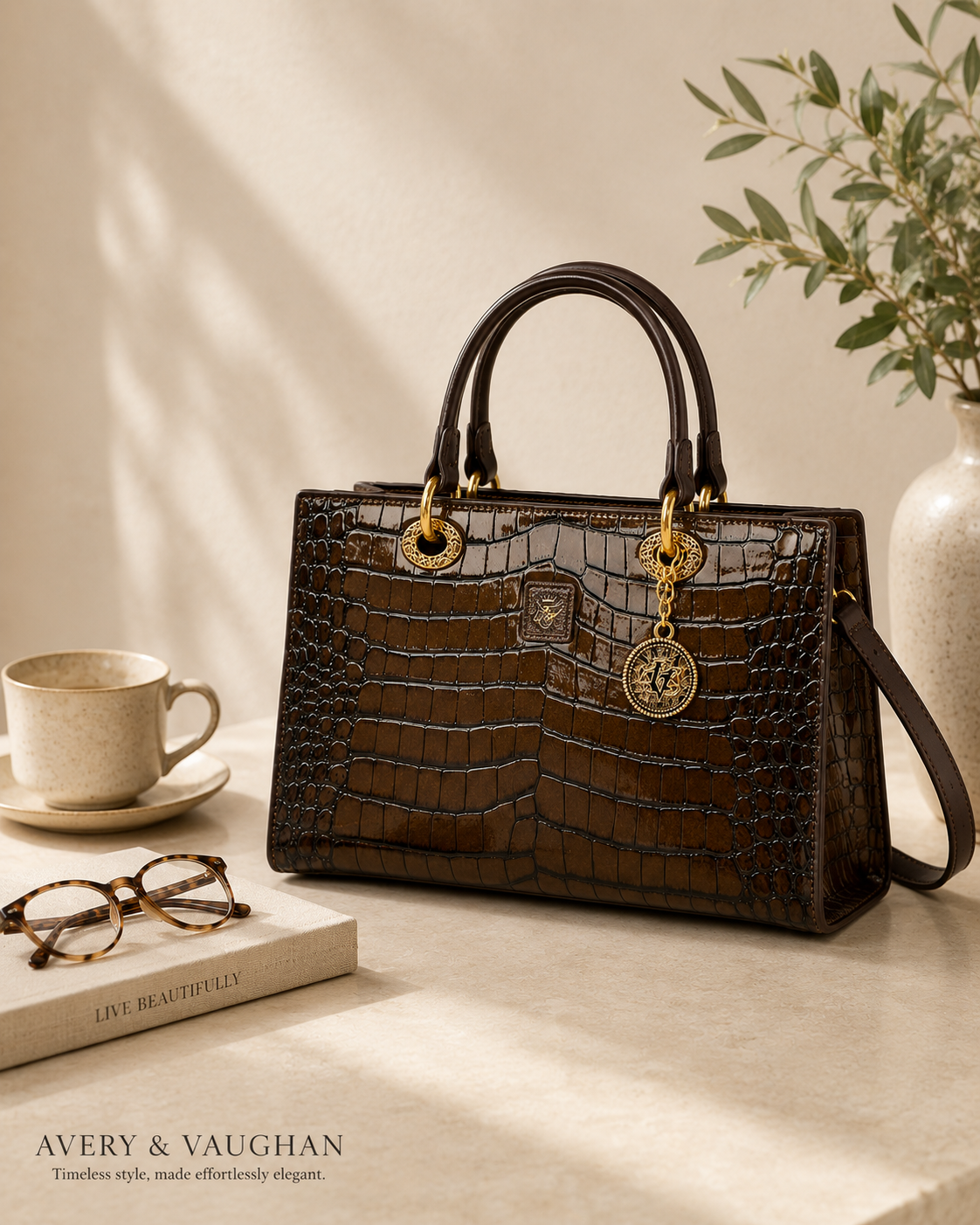 The Kensington Croc Tote – Structured Brown Top Handle Handbag