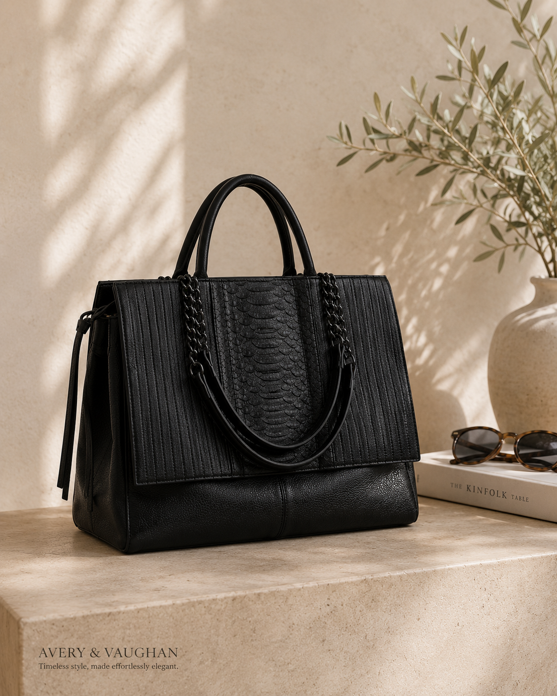 The Kensington Textured Tote – Elegant Black Structured Work Bag