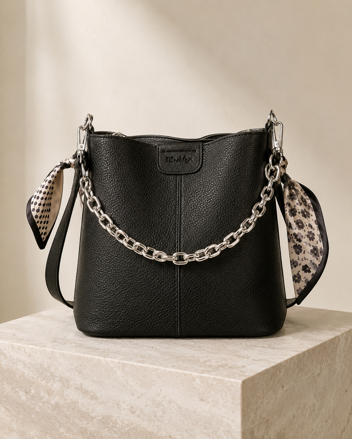The Kensington Chain Bucket Bag – Black Pebbled Leather-Look Shoulder Bag