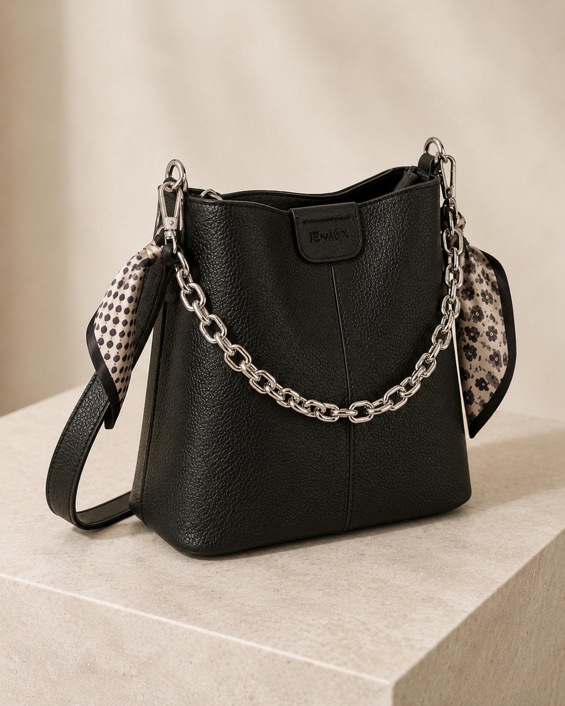 The Kensington Chain Bucket Bag – Black Pebbled Leather-Look Shoulder Bag