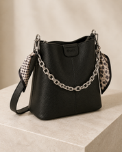 The Kensington Chain Bucket Bag – Black Pebbled Leather-Look Shoulder Bag