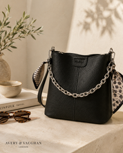 The Kensington Chain Bucket Bag – Black Pebbled Leather-Look Shoulder Bag