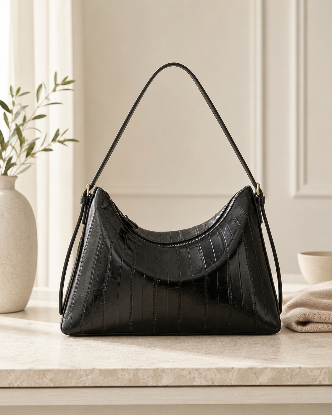 The Kensington Croc Shoulder Bag | Elegant Black Shoulder Handbag