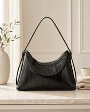 The Kensington Croc Shoulder Bag | Elegant Black Shoulder Handbag