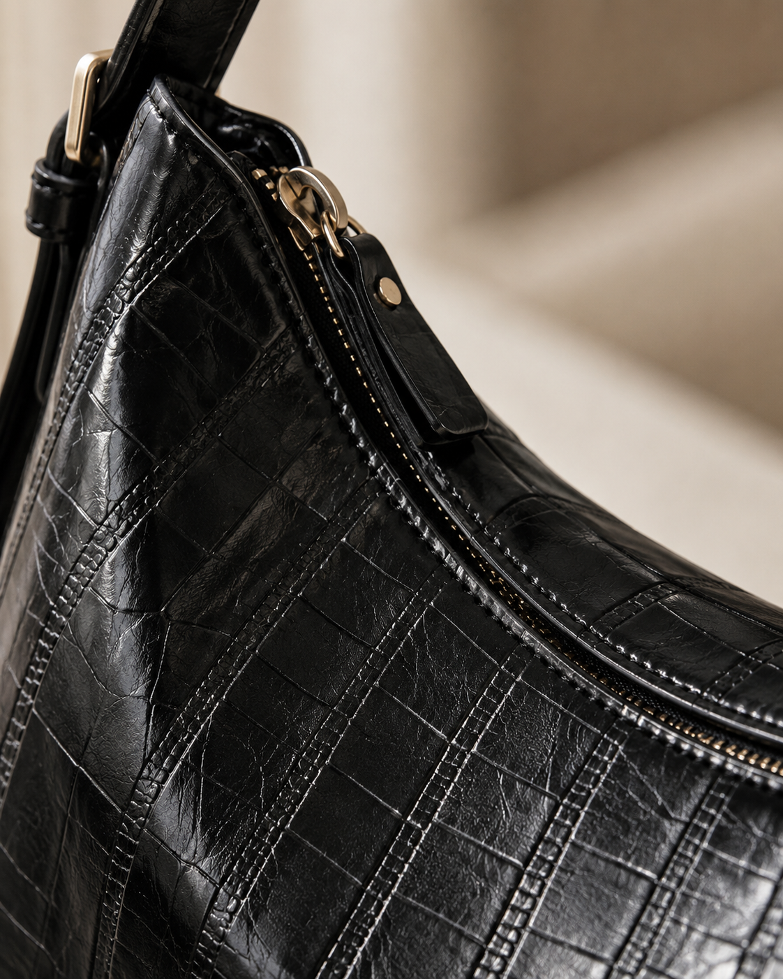 The Kensington Croc Shoulder Bag | Elegant Black Shoulder Handbag