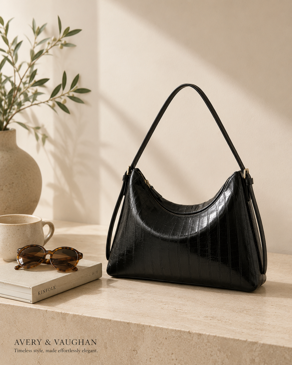 The Kensington Croc Shoulder Bag | Elegant Black Shoulder Handbag