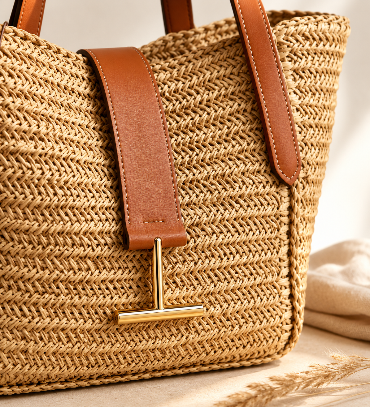 The Riviera Woven Tote – Natural Straw Tote with Tan Leather Trim