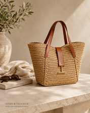 The Riviera Woven Tote – Natural Straw Tote with Tan Leather Trim