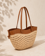The Capri Woven Market Tote | Handwoven Straw & Tan Leather Tote Bag