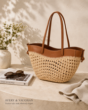 The Capri Woven Market Tote | Handwoven Straw & Tan Leather Tote Bag
