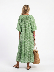 Apolline - Three Quarter Sleeve V Neck Patterned Midi Dress