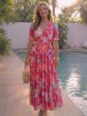 Ione - Short Sleeve V Neck Floral Midi Dress