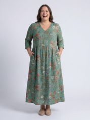 Marina - Floral V Neck Three Quarter Sleeve Maxi Dress