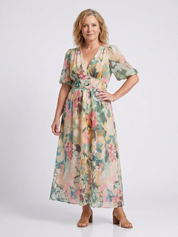 Eulalie - V Neck Short Sleeve Gathered Waist Midi Dress