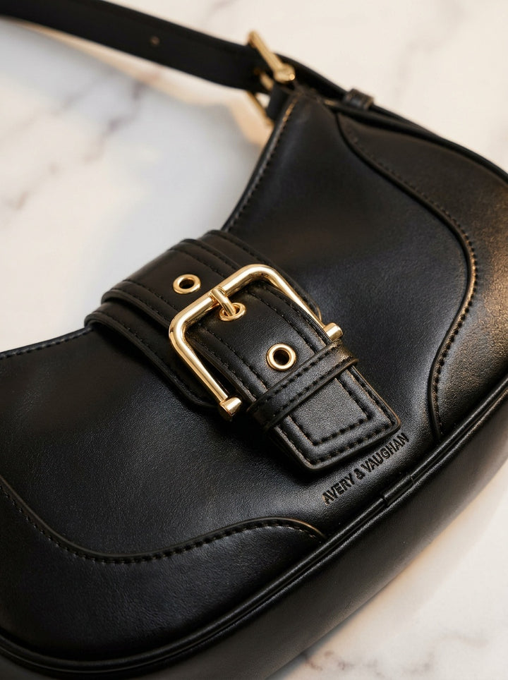 Kensington Buckle Shoulder Bag – Black – detail & texture