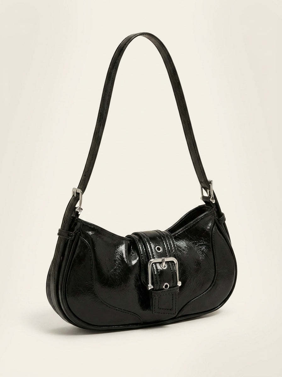 Kensington Buckle Shoulder Bag – Black – 3/4 angle