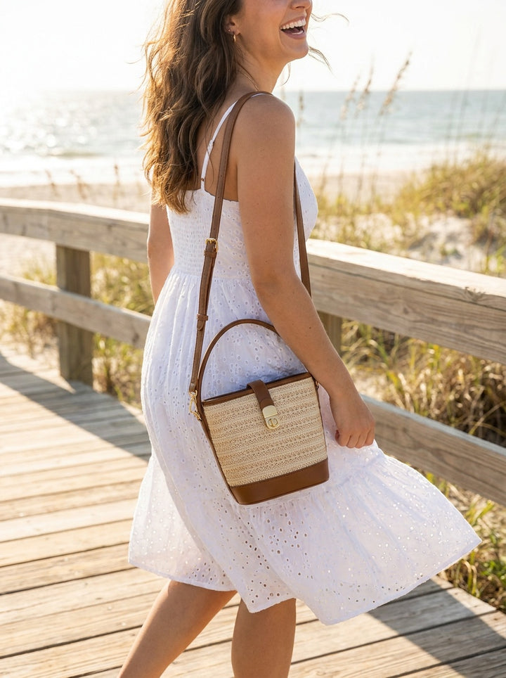The Siena Woven Bucket Bag | Straw Crossbody Handbag