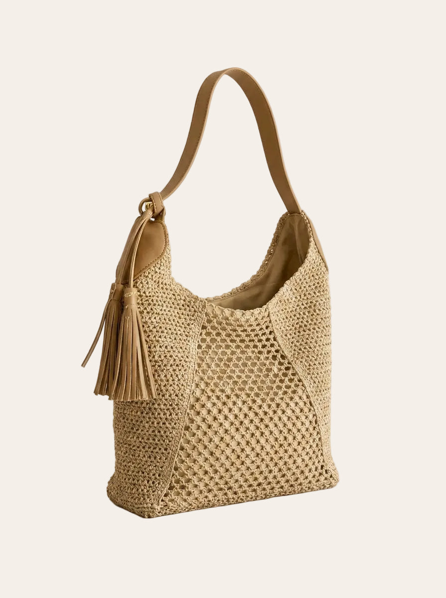 The Amalfi Woven Hobo | Natural Raffia Shoulder Bag – 3/4 angle