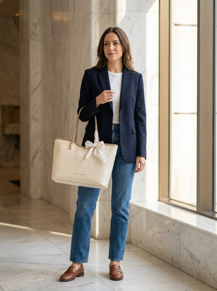 The Cambridge Embossed Tote – Cream Textured Everyday Handbag – lifestyle