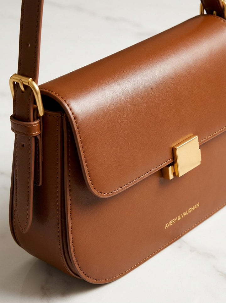 The Cambridge Shoulder Bag – Cognac Brown Structured Handbag – detail & texture