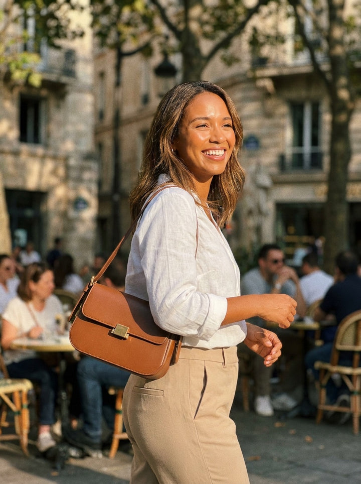The Cambridge Shoulder Bag – Cognac Brown Structured Handbag – lifestyle