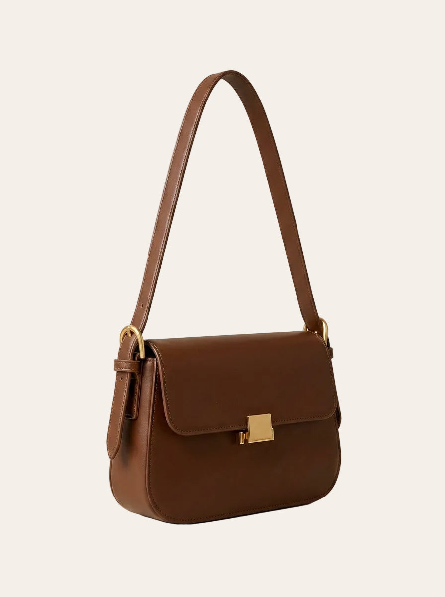 The Cambridge Shoulder Bag – Cognac Brown Structured Handbag – 3/4 angle