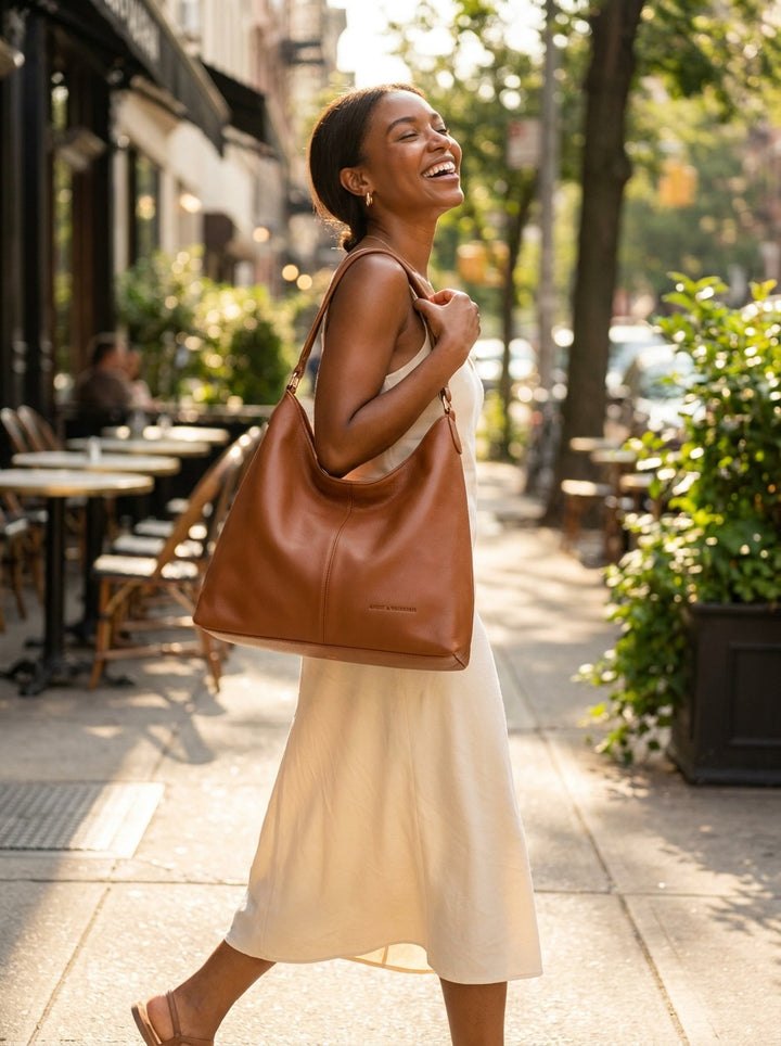 The Cambridge Slouch Hobo – Cognac Brown Everyday Shoulder Bag – lifestyle