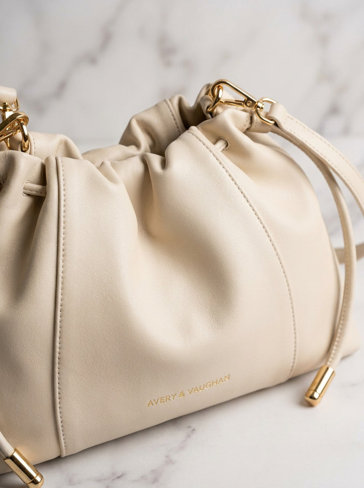 The Camellia Drawstring Shoulder Bag – Soft Ivory – detail & texture