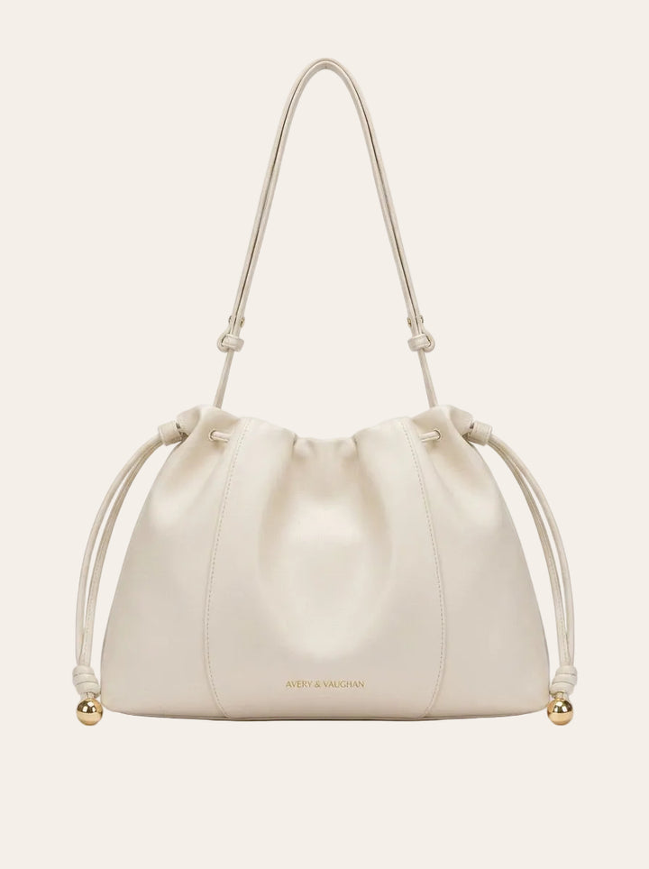 The Camellia Drawstring Shoulder Bag – Soft Ivory – front view