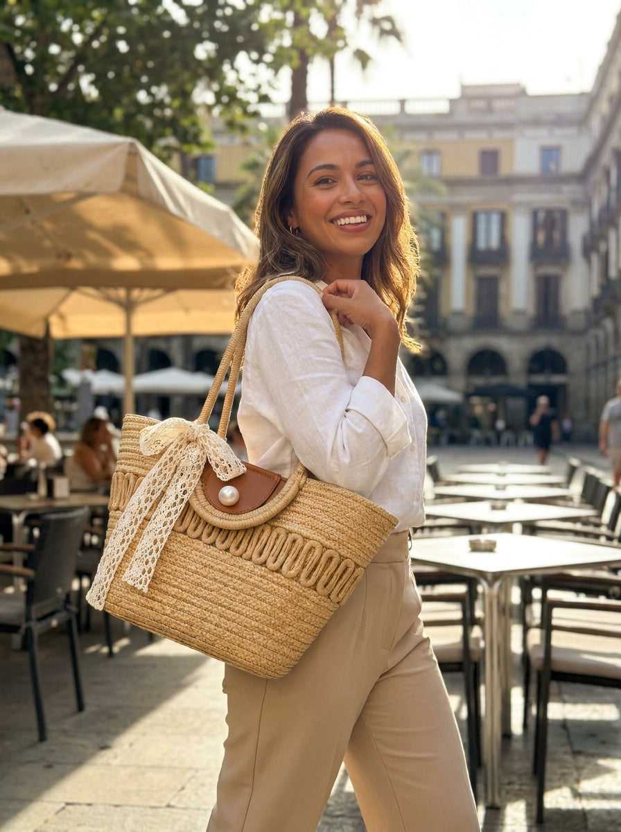 The Capri Lace Market Tote – Woven Straw Shoulder Bag – lifestyle
