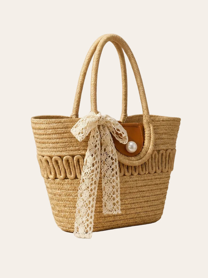 The Capri Lace Market Tote – Woven Straw Shoulder Bag – 3/4 angle