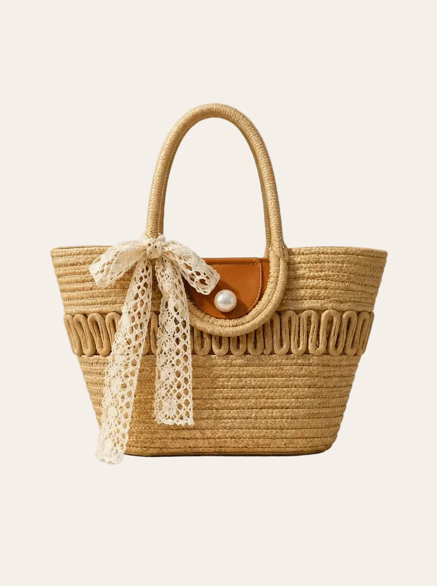 The Capri Lace Market Tote – Woven Straw Shoulder Bag – front view