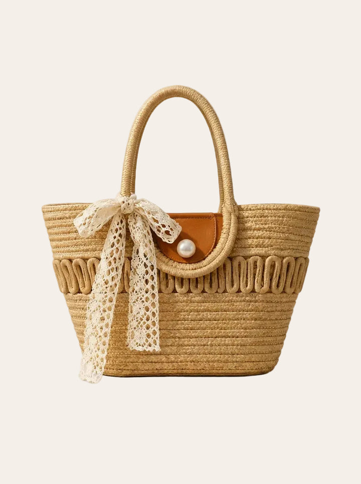 The Capri Lace Market Tote – Woven Straw Shoulder Bag – front view