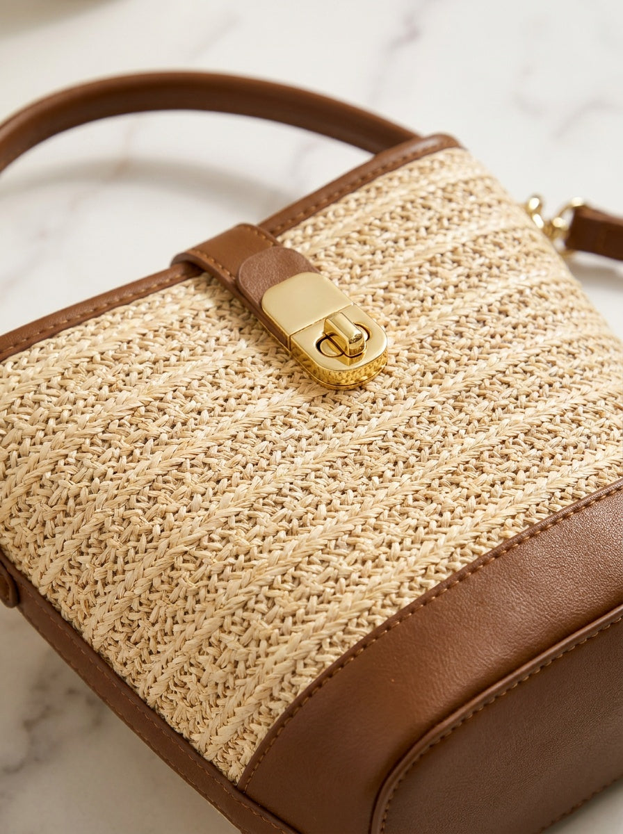 The Capri Woven Bucket Bag | Straw Top Handle Crossbody – detail & texture