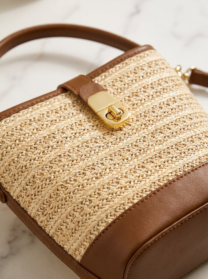 The Capri Woven Bucket Bag | Straw Top Handle Crossbody – detail & texture