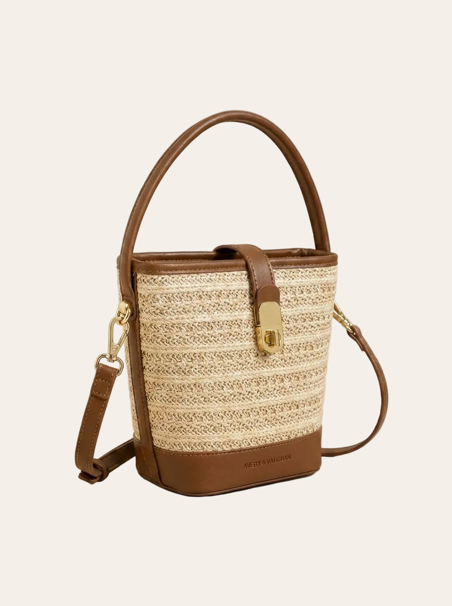The Capri Woven Bucket Bag | Straw Top Handle Crossbody – 3/4 angle