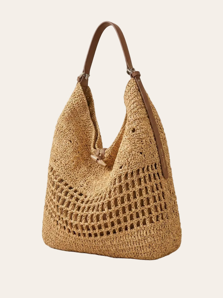The Capri Woven Carryall | Natural Raffia-Style Shoulder Tote – 3/4 angle