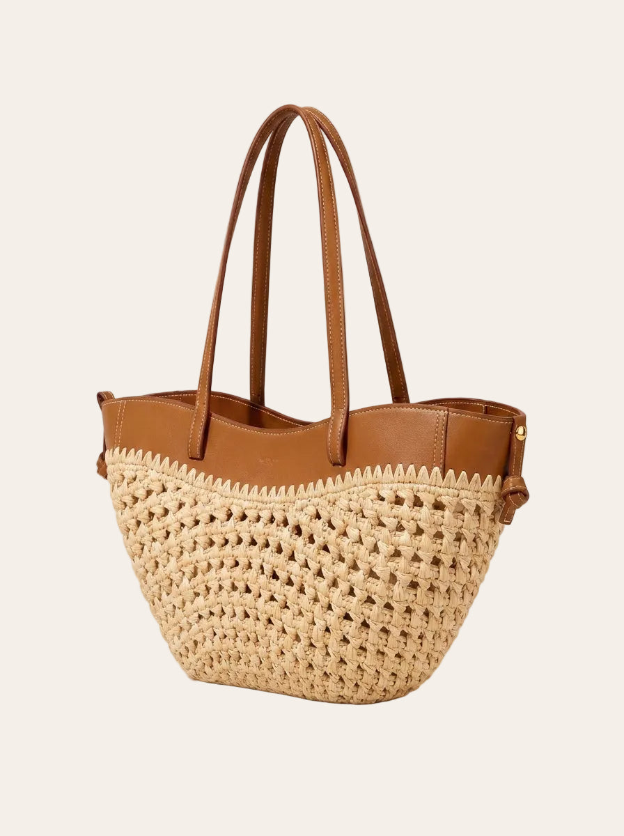 The Capri Woven Market Tote | Handwoven Straw & Tan Leather Tote Bag – 3/4 angle