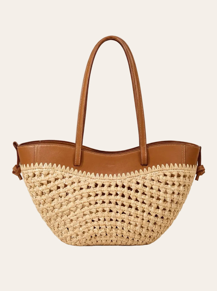 The Capri Woven Market Tote | Handwoven Straw & Tan Leather Tote Bag – front view