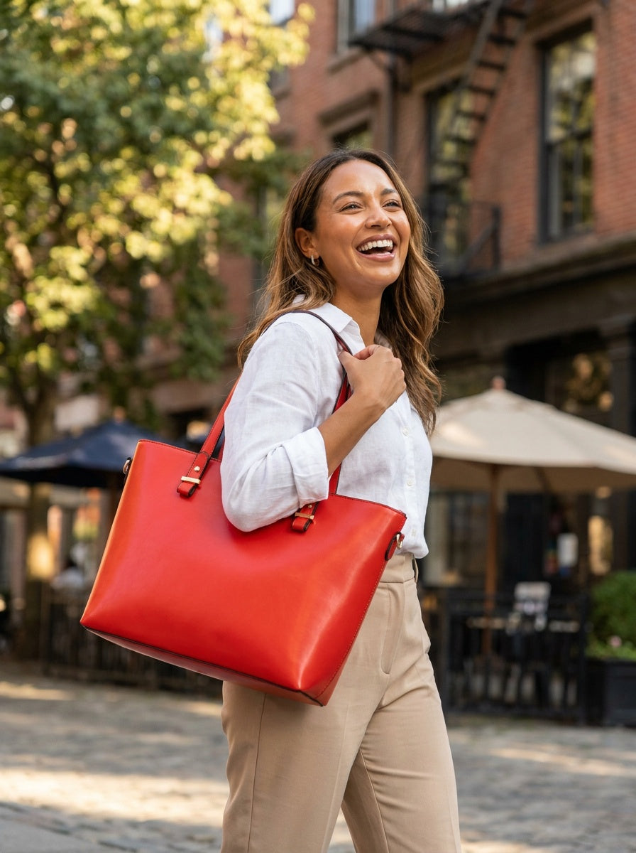 The Charlotte Tote – Elegant Everyday Carryall - Bright Red – lifestyle