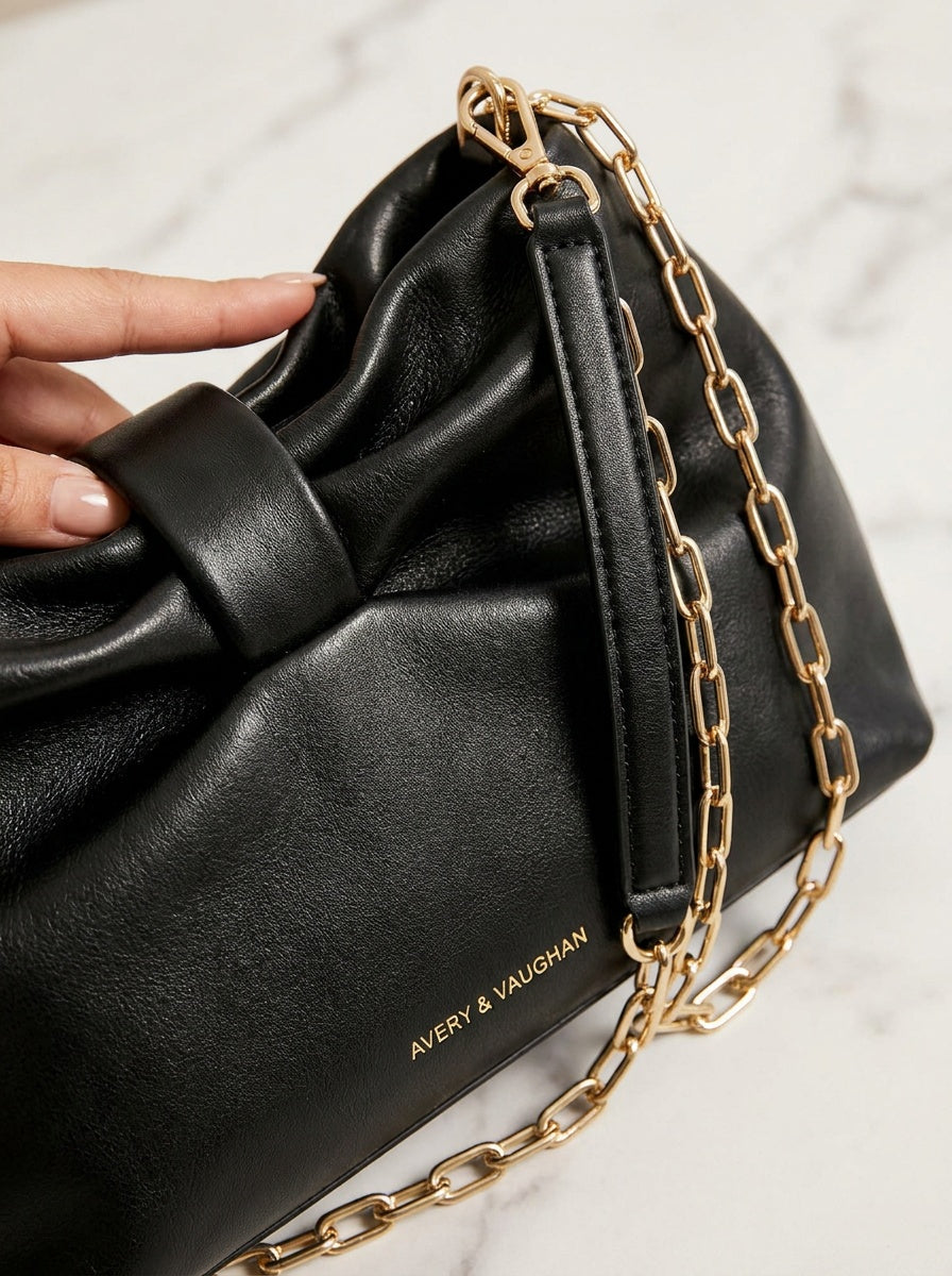 The Kensington Bow Clutch | Elegant Black Shoulder Bag – detail & texture