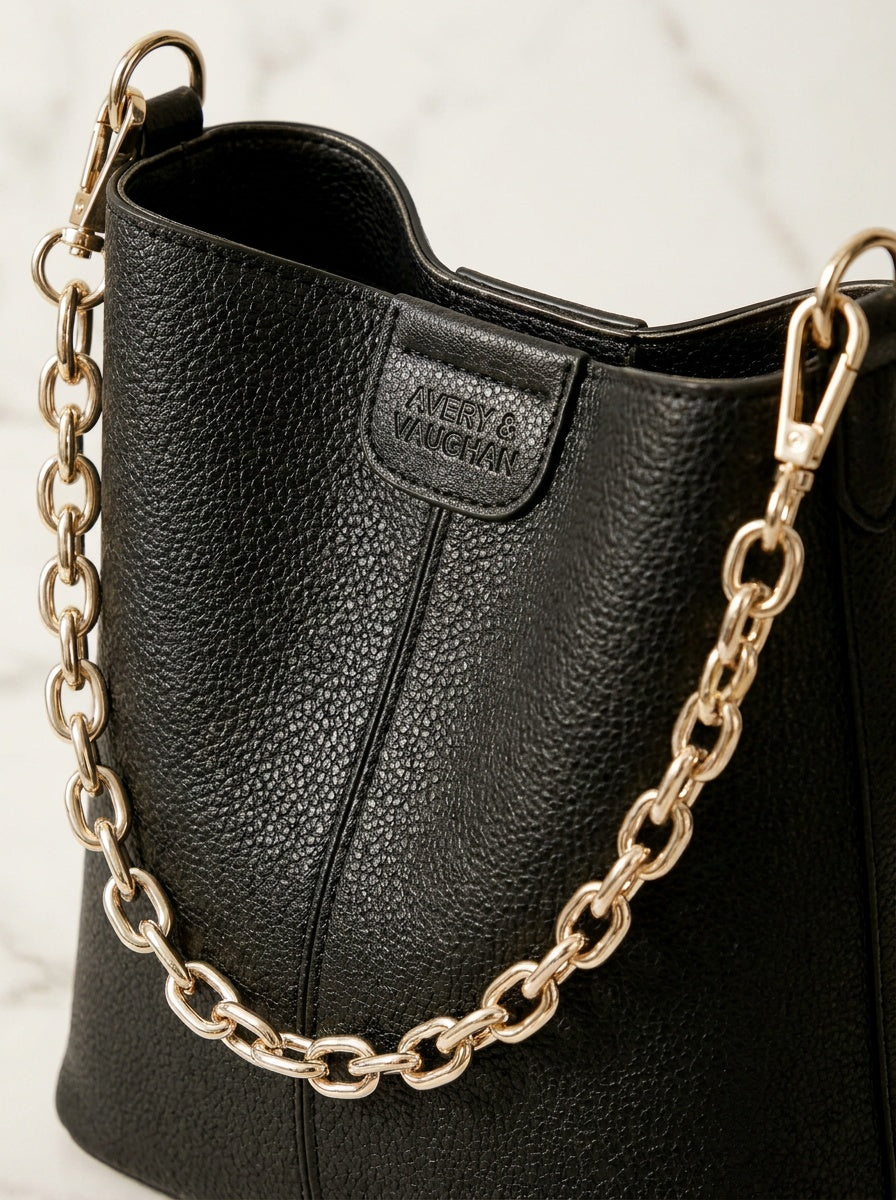 The Kensington Chain Bucket Bag – Black Pebbled Leather-Look Shoulder Bag – detail & texture