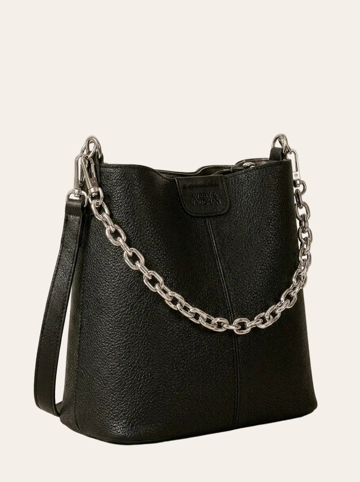 The Kensington Chain Bucket Bag – Black Pebbled Leather-Look Shoulder Bag – 3/4 angle