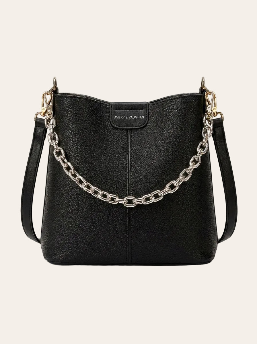 The Kensington Chain Bucket Bag – Black Pebbled Leather-Look Shoulder Bag – front view